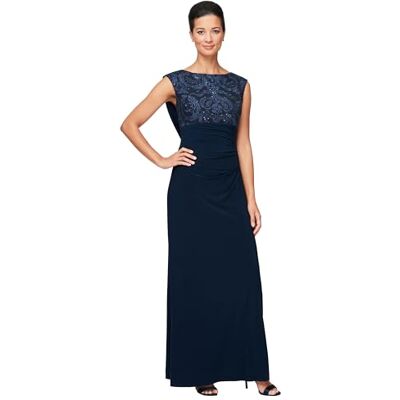 Alex Evenings langes Kleid für Damen, mit Wasserfallausschnitt am Rücken, für Mutter der Braut, formelle Anlässe und Hochzeitsgäste (Petite und reguläre Größe), Neu, Marineblau, 36 Alex Evenings langes Kleid für Damen, mit Wasserfallausschnitt am Rücken, für Mutter der Braut, formelle Anlässe und Hochzeitsgäste (Petite und reguläre Größe), Neu, Marineblau, 36