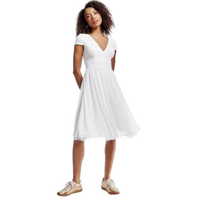 Dress the Population Damen Plunging Mix Media Cap Sleeve A-line Midi Dress Kleid, Cremefarben – Corey, XX-Large Dress the Population Damen Plunging Mix Media Cap Sleeve A-line Midi Dress Kleid, Cremefarben – Corey, XX-Large