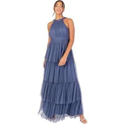 Anaya with Love Women's Maxi Dress Ladies Sleeveless Halterneck Tulle Tiered Ruffle A-line Bridesmaid Wedding Guest Prom Ball Gown, Indigoblau 52 Anaya with Love Women's Maxi Dress Ladies Sleeveless Halterneck Tulle Tiered Ruffle A-line Bridesmaid Wedding Guest Prom Ball Gown, Indigoblau 52