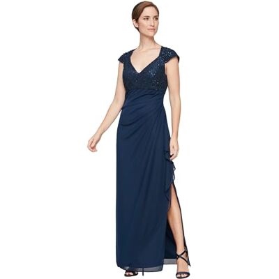 Alex Evenings Damen Langes Stretch-Pailletten-mieder für die Brautmutter mit Empire-Taille (Zierliche und Normale Größen) Kleid für besondere Anlässe, Marineblaue Spitze mit Kordel, 44 Alex Evenings Damen Langes Stretch-Pailletten-mieder für die Brautmutter mit Empire-Taille (Zierliche und Normale Größen) Kleid für besondere Anlässe, Marineblaue Spitze mit Kordel, 44