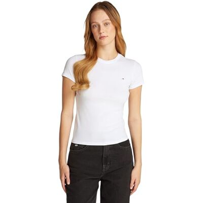 Tommy Jeans Damen T-Shirt Kurzarm Slim Rundhalsausschnitt, Weiß (White), XL Tommy Jeans Damen T-Shirt Kurzarm Slim Rundhalsausschnitt, Weiß (White), XL