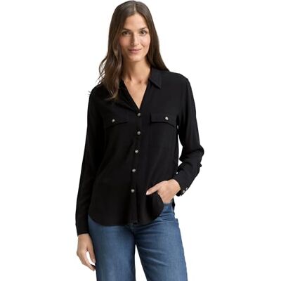 TOM TAILOR Damen 1048698 Hemdbluse Mit Brusttaschen, 14482 Deep Black, 42 EU TOM TAILOR Damen 1048698 Hemdbluse Mit Brusttaschen, 14482 Deep Black, 42 EU