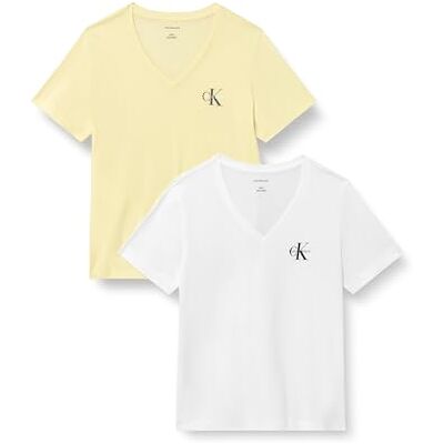 Calvin Damen 2er Pack T-Shirts Kurzarm Logo Tee mit V-Ausschnitt, Mehrfarbig (Vanilla Custard W/White), 2XL Calvin Damen 2er Pack T-Shirts Kurzarm Logo Tee mit V-Ausschnitt, Mehrfarbig (Vanilla Custard W/White), 2XL