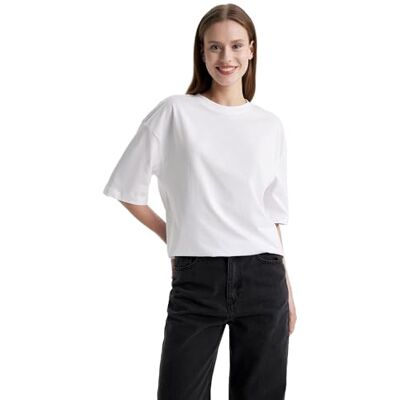 DeFacto Damen Oversize Crop Tops Klassisches Basic Shirt für Damen Bequemes Oversize Shirt für Frauen White S DeFacto Damen Oversize Crop Tops Klassisches Basic Shirt für Damen Bequemes Oversize Shirt für Frauen White S