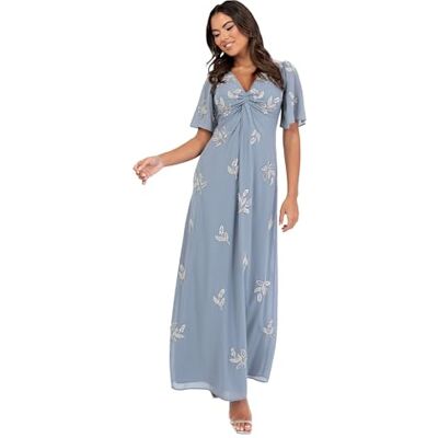Maya Deluxe Women's Maxi Dress Ladies V-Neck Angel Sleeve Floral Bead Embellished Knot Front A-line Bridesmaid Wedding Guest Prom, Staubblau 38 Maya Deluxe Women's Maxi Dress Ladies V-Neck Angel Sleeve Floral Bead Embellished Knot Front A-line Bridesmaid Wedding Guest Prom, Staubblau 38