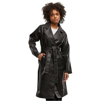 Urban Classics Damen Mantel Ladies Vintage Leather Trenchcoat, Damen Kunstleder Trenchcoat mit Bindegürtel, zweireihiger Kunstleder Mantel Urban Classics Damen Mantel Ladies Vintage Leather Trenchcoat, Damen Kunstleder Trenchcoat mit Bindegürtel, zweireihiger Kunstleder Mantel