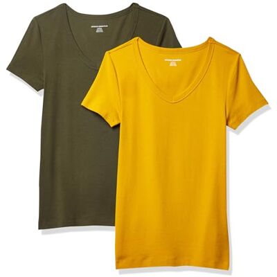 Amazon Damen Kurzärmeliges T-Shirt mit V-Ausschnitt, Schmale Passform, 2er-Pack, Gold/Olivgrün, XS Amazon Damen Kurzärmeliges T-Shirt mit V-Ausschnitt, Schmale Passform, 2er-Pack, Gold/Olivgrün, XS