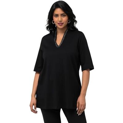 Ulla Popken Damen große Größen Übergrößen Plus Size T-Shirt, Pima Cotton, A-Linie, Kelchkragen, Halbarm schwarz 46+ 821287130-46+ Ulla Popken Damen große Größen Übergrößen Plus Size T-Shirt, Pima Cotton, A-Linie, Kelchkragen, Halbarm schwarz 46+ 821287130-46+