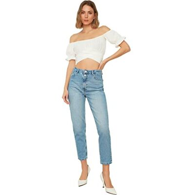 TRENDYOL Damen Er Doppelter Knopf mit Hoher Taille Mutter Jeans, Blau, 32 EU TRENDYOL Damen Er Doppelter Knopf mit Hoher Taille Mutter Jeans, Blau, 32 EU