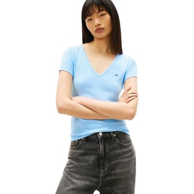 Tommy Jeans Damen T-Shirt Kurzarm Slim Essential Rib V-Ausschnitt, Blau (Light Powdery Blue), S Tommy Jeans Damen T-Shirt Kurzarm Slim Essential Rib V-Ausschnitt, Blau (Light Powdery Blue), S