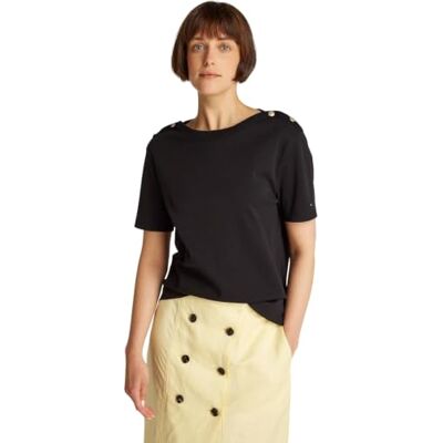 Tommy Hilfiger Damen T-Shirt Kurzarm Stripe Gold mit Knöpfen, Schwarz (Black), L Tommy Hilfiger Damen T-Shirt Kurzarm Stripe Gold mit Knöpfen, Schwarz (Black), L