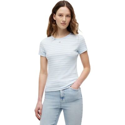 Tommy Jeans Damen T-Shirt Kurzarm Essential Rib Slim Fit, Blau (Kingly Blue/Stripe), XS Tommy Jeans Damen T-Shirt Kurzarm Essential Rib Slim Fit, Blau (Kingly Blue/Stripe), XS
