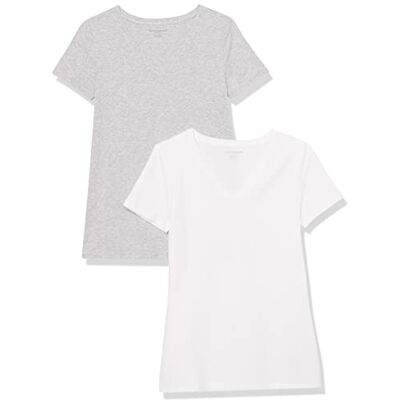 Amazon Damen T-Shirt Regular Fit mit kurzen Ärmeln und V-Ausschnitt, 2er-Pack, Hellgrau Meliert/Weiß, S Amazon Damen T-Shirt Regular Fit mit kurzen Ärmeln und V-Ausschnitt, 2er-Pack, Hellgrau Meliert/Weiß, S