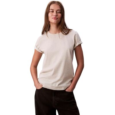 Calvin Damen T-Shirt Kurzarm Archive Jersey Tee mit Rundhalsausschnitt, Beige (Vanila Heather), S Calvin Damen T-Shirt Kurzarm Archive Jersey Tee mit Rundhalsausschnitt, Beige (Vanila Heather), S