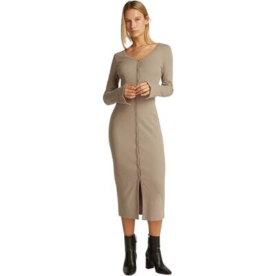 Calvin Damen Kleid Woven Label Rib Kopfleiste, Beige (Taupe Gray), XS Calvin Damen Kleid Woven Label Rib Kopfleiste, Beige (Taupe Gray), XS