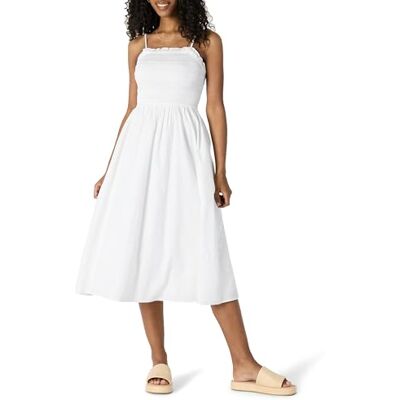 Amazon Damen Regular-Fit-Kleid Aus Baumwollsatin Mit Gesmoktem Mieder, Weiß, M Amazon Damen Regular-Fit-Kleid Aus Baumwollsatin Mit Gesmoktem Mieder, Weiß, M