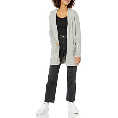 Amazon Damen Langärmliger Cardigan mit Jerseymaschen und offener Vorderseite, Hellgrau Meliert, XXL Amazon Damen Langärmliger Cardigan mit Jerseymaschen und offener Vorderseite, Hellgrau Meliert, XXL
