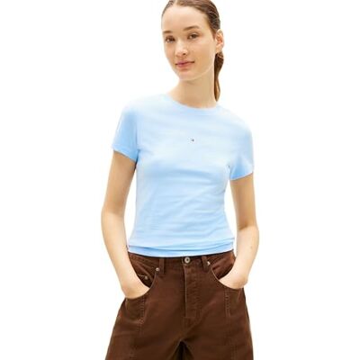 Tommy Jeans Damen T-Shirt Kurzarm Linear Slim Fit, Blau (Light Powdery Blue), XS Tommy Jeans Damen T-Shirt Kurzarm Linear Slim Fit, Blau (Light Powdery Blue), XS