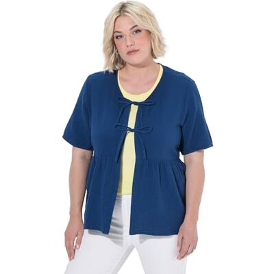 Ulla Popken Damen große Größen Übergrößen Plus Size Musselin-Bluse, Schleifenverschluss, V-Ausschnitt, Halbarm blau 58+ 848464753-58+ Ulla Popken Damen große Größen Übergrößen Plus Size Musselin-Bluse, Schleifenverschluss, V-Ausschnitt, Halbarm blau 58+ 848464753-58+