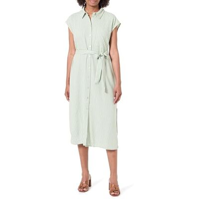 VERO MODA Damen Vmmymilo Sl Calf Shirt Dress WVN Ga Kleid, Reseda/Stripes:Snow White, L EU VERO MODA Damen Vmmymilo Sl Calf Shirt Dress WVN Ga Kleid, Reseda/Stripes:Snow White, L EU