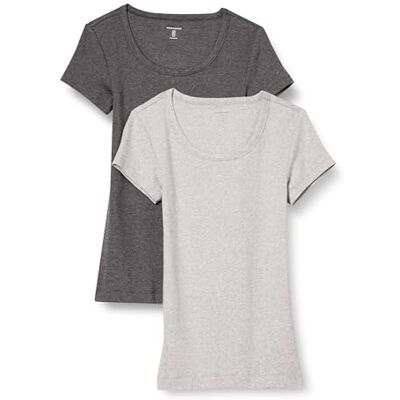 Amazon Damen Basic U-Ausschnitt T-Shirt mit Flügelärmeln aus Modal-Baumwolle, Schmaler Passform, 2er-Pack, Dunkelgrau Meliert/Hellgrau Meliert, M Amazon Damen Basic U-Ausschnitt T-Shirt mit Flügelärmeln aus Modal-Baumwolle, Schmaler Passform, 2er-Pack, Dunkelgrau Meliert/Hellgrau Meliert, M