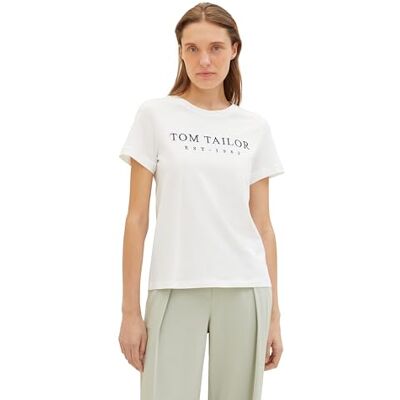 TOM TAILOR Damen Basic T-Shirt mit Logo-Print, 10315 Whisper White, L TOM TAILOR Damen Basic T-Shirt mit Logo-Print, 10315 Whisper White, L