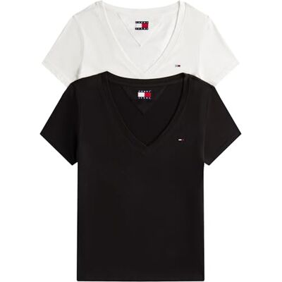 Tommy Jeans Damen 2er Pack T-Shirts Kurzarm mit V-Ausschnitt, Weiß (Ecru/Black), XL Tommy Jeans Damen 2er Pack T-Shirts Kurzarm mit V-Ausschnitt, Weiß (Ecru/Black), XL