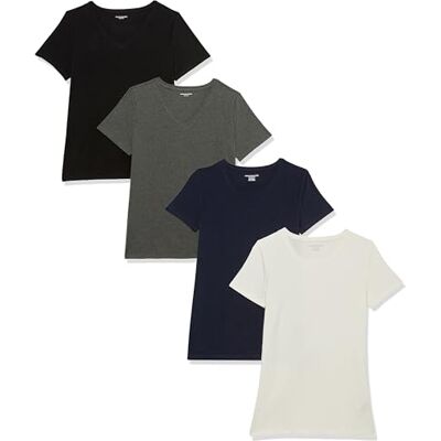 Amazon Damen T-Shirt mit kurzen Ärmeln und Rundhalsausschnitt in normaler Passform, 4er-Pack, Dunkelgrau Meliert/Marineblau/Schwarz/Weiß, S Amazon Damen T-Shirt mit kurzen Ärmeln und Rundhalsausschnitt in normaler Passform, 4er-Pack, Dunkelgrau Meliert/Marineblau/Schwarz/Weiß, S