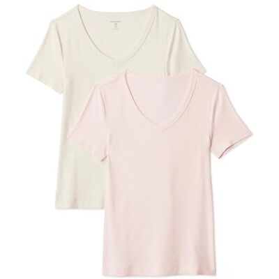 Amazon Damen Kurzärmeliges T-Shirt mit V-Ausschnitt, schmale Passform, 2er-Pack, Oatmeal Heather/Hellrosa, X-Small Amazon Damen Kurzärmeliges T-Shirt mit V-Ausschnitt, schmale Passform, 2er-Pack, Oatmeal Heather/Hellrosa, X-Small