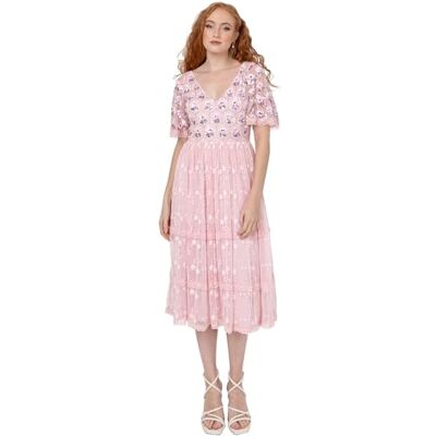 Maya Deluxe Damen Women's Ladies Midi Short Angel Sleeves V-Neck A-line Sequin Embellished Floral Tulle Lace Wedding Guest Prom Dress, Ballet Pink, 52 EU Maya Deluxe Damen Women's Ladies Midi Short Angel Sleeves V-Neck A-line Sequin Embellished Floral Tulle Lace Wedding Guest Prom Dress, Ballet Pink, 52 EU
