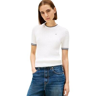 Tommy Hilfiger Damen Pullover Kurzarm, Weiß (Ecru Tipping), XXS Tommy Hilfiger Damen Pullover Kurzarm, Weiß (Ecru Tipping), XXS