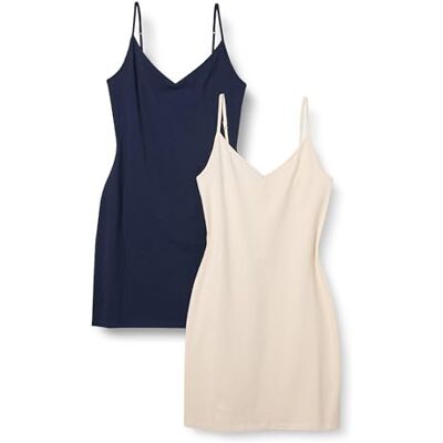Amazon Damen Schmal Geschnittenes Schlupfkleid Aus Baumwolle Mit Lagen, 2er-Pack, Beige/Marineblau, XXS Amazon Damen Schmal Geschnittenes Schlupfkleid Aus Baumwolle Mit Lagen, 2er-Pack, Beige/Marineblau, XXS