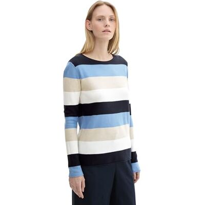 TOM TAILOR Damen Strickpullover mit Rundhals, 36290 Blue Block Stripe, S TOM TAILOR Damen Strickpullover mit Rundhals, 36290 Blue Block Stripe, S