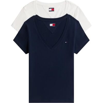 Tommy Jeans Damen 2er Pack T-Shirts Kurzarm mit V-Ausschnitt, Mehrfarbig (Ecru/Dark Night Navy), XXS Tommy Jeans Damen 2er Pack T-Shirts Kurzarm mit V-Ausschnitt, Mehrfarbig (Ecru/Dark Night Navy), XXS