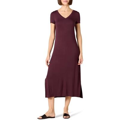 Amazon Damen Kurzärmliges, mittellanges Jersey-Kleid mit V-Ausschnitt, Dunkelpurpur, L Amazon Damen Kurzärmliges, mittellanges Jersey-Kleid mit V-Ausschnitt, Dunkelpurpur, L