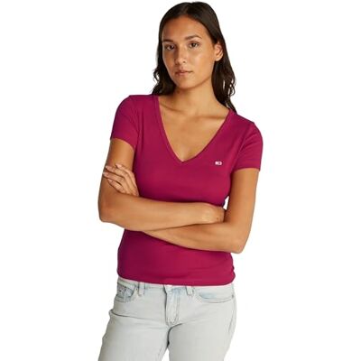 Tommy Jeans Damen T-Shirt Kurzarm Slim Essential Rib V-Ausschnitt, Rot (Brilliant Berry), XXS Tommy Jeans Damen T-Shirt Kurzarm Slim Essential Rib V-Ausschnitt, Rot (Brilliant Berry), XXS