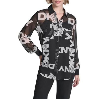 DKNY ,Shirt,L/S Bttn DWN Chffon Logo Shirt,Black/Ivory,M DKNY ,Shirt,L/S Bttn DWN Chffon Logo Shirt,Black/Ivory,M