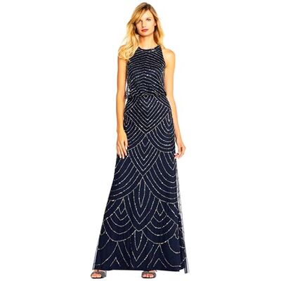 Adrianna Papell Damen Neckholder Art Deco Perlen Blousonkleid, Marineblau, 36 Adrianna Papell Damen Neckholder Art Deco Perlen Blousonkleid, Marineblau, 36
