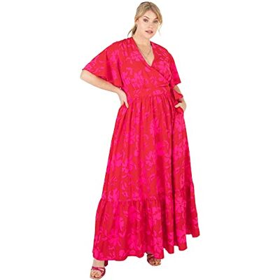 Lovedrobe Maxikleid für Damen, Übergröße, V-Ausschnitt, Wickeloptik, Kurze Ärmel, Flatter, Tropische Rüschen, mit Taschen für den Sommer, Rose, 50 Lovedrobe Maxikleid für Damen, Übergröße, V-Ausschnitt, Wickeloptik, Kurze Ärmel, Flatter, Tropische Rüschen, mit Taschen für den Sommer, Rose, 50