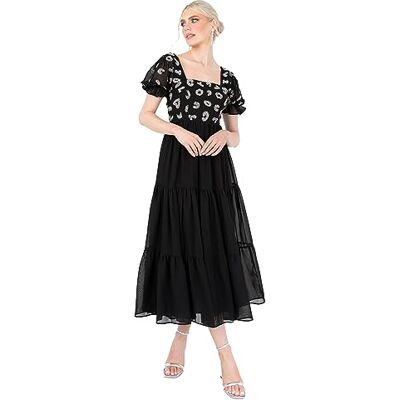 Lovedrobe Women's Midaxi Dress Ladies Animal Sequin Embellished Short Puff Sleeve Square Neck A-line for Evening Party Cocktail, Schwarz, 46 Lovedrobe Women's Midaxi Dress Ladies Animal Sequin Embellished Short Puff Sleeve Square Neck A-line for Evening Party Cocktail, Schwarz, 46