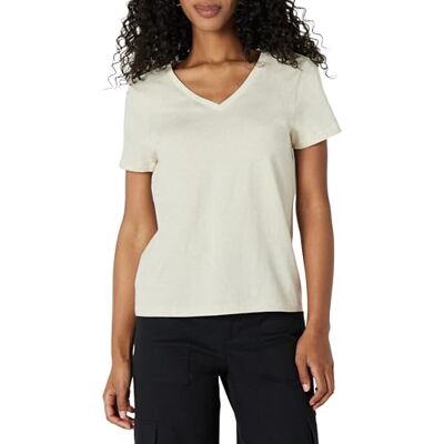 Amazon Damen Kurzarm-T-Shirt mit V-Ausschnitt, Regular Fit aus 100 % Baumwolle, Sand Heide, XXS Amazon Damen Kurzarm-T-Shirt mit V-Ausschnitt, Regular Fit aus 100 % Baumwolle, Sand Heide, XXS