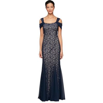 Alex Damen Long Cold Shoulder, Mother of The Bride Gown, Formal Event, Wedding Guest Dress (Petite and Regular Sizes) Kleid für besondere Anlässe, Marineblau/Nude Spitze, 38 Alex Damen Long Cold Shoulder, Mother of The Bride Gown, Formal Event, Wedding Guest Dress (Petite and Regular Sizes) Kleid für besondere Anlässe, Marineblau/Nude Spitze, 38