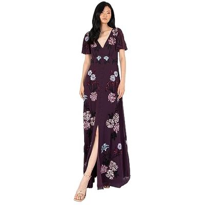 Maya Deluxe Women's Maxi Ladies Embroidered Sequin Embellished Button Front Split for Wedding Guest Bridesmaid Prom Evening Dress, Berry, 40 Maya Deluxe Women's Maxi Ladies Embroidered Sequin Embellished Button Front Split for Wedding Guest Bridesmaid Prom Evening Dress, Berry, 40