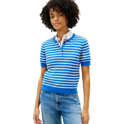 Tommy Hilfiger Damen Pullover Cable Fine Henley Kurzarm, Blau (Breton STP Blue Orbit), XS Tommy Hilfiger Damen Pullover Cable Fine Henley Kurzarm, Blau (Breton STP Blue Orbit), XS