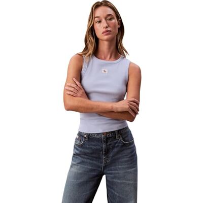 Calvin Damen Tank Top Woven Label Cotton Rib mit Logo, Blau (Casual Blue), XL Calvin Damen Tank Top Woven Label Cotton Rib mit Logo, Blau (Casual Blue), XL