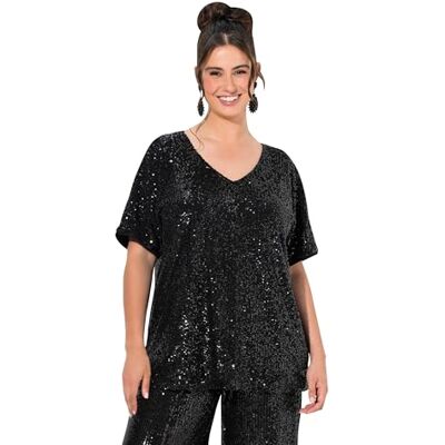 Ulla Popken Damen große Größen Übergrößen Plus Size Pailletten-Shirt, Oversized, V-Ausschnitt, Halbarm Ulla Popken Damen große Größen Übergrößen Plus Size Pailletten-Shirt, Oversized, V-Ausschnitt, Halbarm
