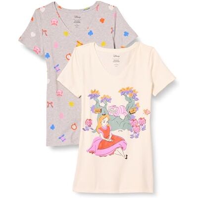 Amazon Disney Marvel Star Wars Princess Damen Kurzärmeliges T-Shirt mit V-Ausschnitt, Klassischer Schnitt, 2er-Pack, Disney Alice, L Amazon Disney Marvel Star Wars Princess Damen Kurzärmeliges T-Shirt mit V-Ausschnitt, Klassischer Schnitt, 2er-Pack, Disney Alice, L
