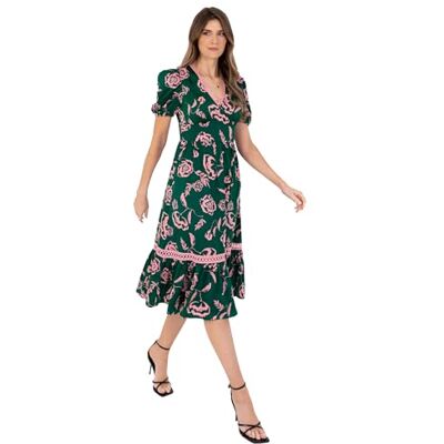 Lovedrobe Women's Ladies Midi Dress Short Puff Sleeve V-Neck Floral Print Tiered Hem Lace Trim A-line Casual Occasion Evening Grün 46 Lovedrobe Women's Ladies Midi Dress Short Puff Sleeve V-Neck Floral Print Tiered Hem Lace Trim A-line Casual Occasion Evening Grün 46