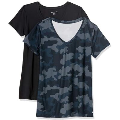 Amazon Damen Active Quick Dry Tech Stretch Kurzarm-T-Shirt mit V-Ausschnitt (in Übergröße erhältlich), 2er-Pack, Marineblau Tarnmuster/Schwarz, XXL Amazon Damen Active Quick Dry Tech Stretch Kurzarm-T-Shirt mit V-Ausschnitt (in Übergröße erhältlich), 2er-Pack, Marineblau Tarnmuster/Schwarz, XXL
