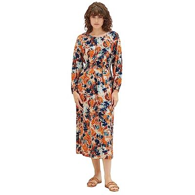 TOM TAILOR Damen 1037929 Maxikleid mit Raffung, 32367-grey orange tie dye floral, 40 TOM TAILOR Damen 1037929 Maxikleid mit Raffung, 32367-grey orange tie dye floral, 40